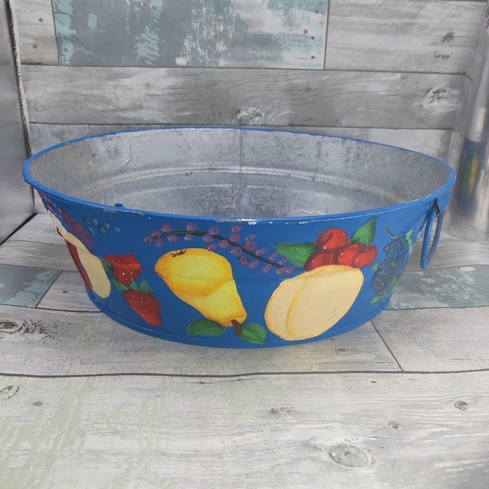 VINTAGE HAND Painted Galvanized Metal Tub Colorful Fruits on Blue